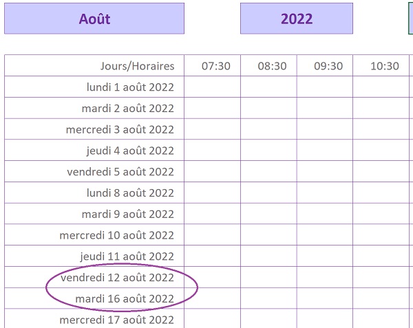 Construction automatique du planning de travail sur les jours ouvrables avec exclusion des jours fériés