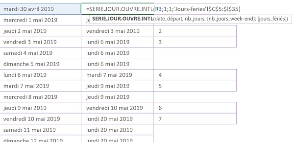 Extraire uniquement les jours ouvrables sur suite logique de dates par calcul Excel