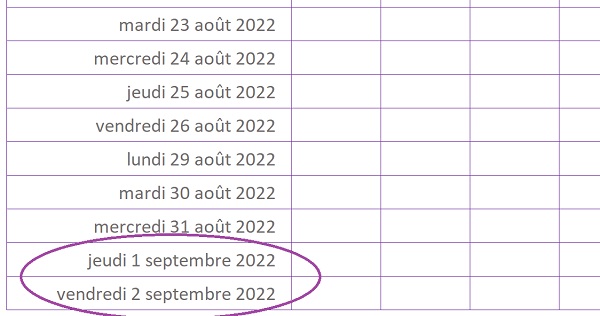 Enumération des dates pour le planning automatique Excel ne doit pas dépasser la fin du mois