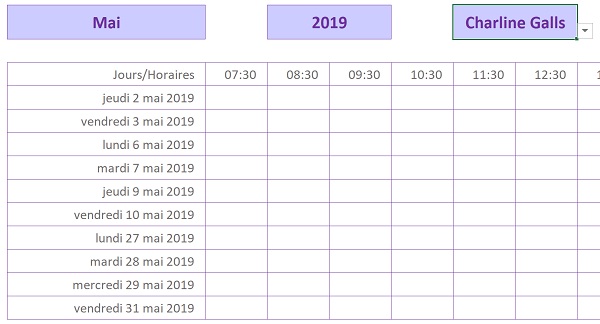 Planning Excel de travail pour employé sans Week-End, jours congés et fériés