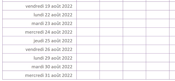 Suite logique des jours stoppée à la fin du mois par calculs Excel pour planning du salarié