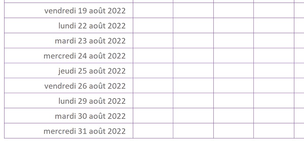 Suite logique des jours stoppée à la fin du mois par calculs Excel pour planning du salarié