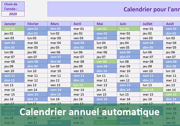 Calendrier annuel Excel avec Week-End et jours fériés