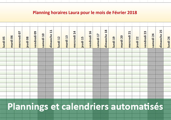 Planning automatique mensuel pour organisation du temps de travail avec Excel