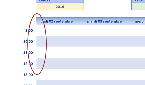 Bordure de séparation dynamique entre les heures et le reste du planning de réservation hebdomadaire