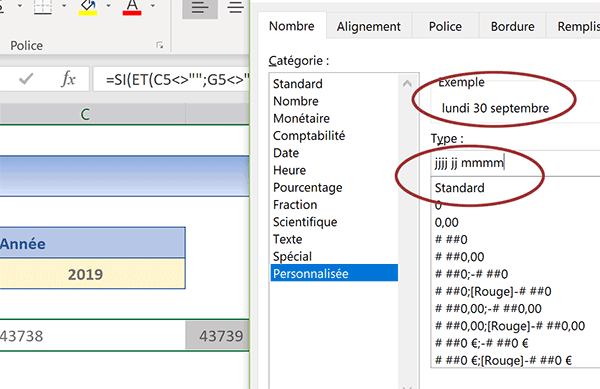 Format de date Excel personnalisé avec précision textuelle sur le jour et le mois