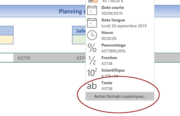 Formats numériques personnalisés avec Excel pour les dates du planning des semaines