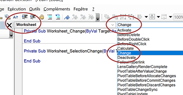 Procédure événementielle VBA pour déclencher un code au changement de valeur dans une cellule de la feuille