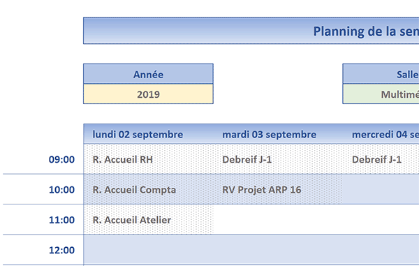 Calendrier hebdomadaire Excel pour réserver les salles de réunion