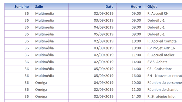Tableau Excel archivant les salles de réunion réservées avec les dates et les heures