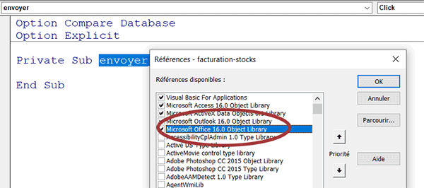 Ajouter les librairies nécessaires eu développement du projet VBA Access