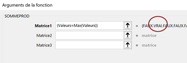 Indicateurs booléens de la fonction Excel SommeProd pour repérer la position de la valeur la plus grande