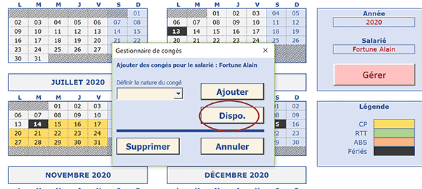 Bouton de formulaire Excel pour connaître les disponibilités des salariés selon les dates sélectionnées dans le calendrier annuel perpétuel