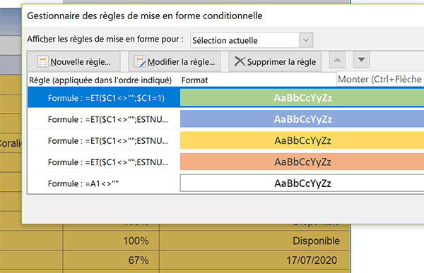 Hiérarchie des règles de mise en forme conditionnelle Excel pour gérer les disponibilités des salariés