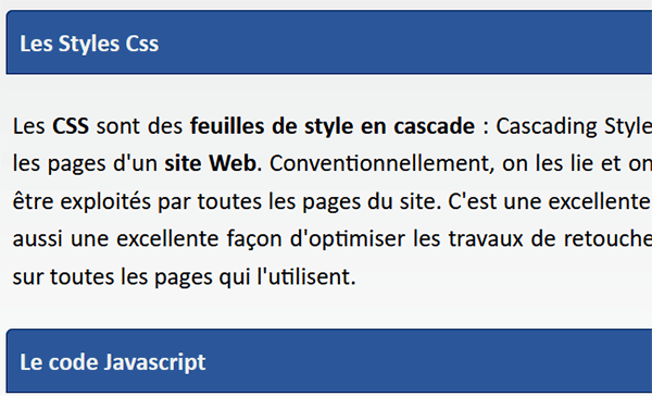 Sections en accordéon sur page Web à déployer ou masquer grâce au code JQuery