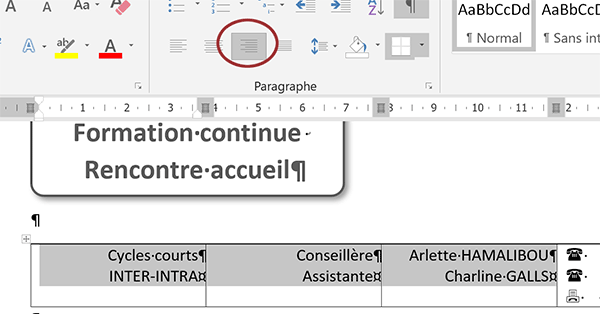 Changer pour alignement à droite des textes dans les cellules du tableau Word