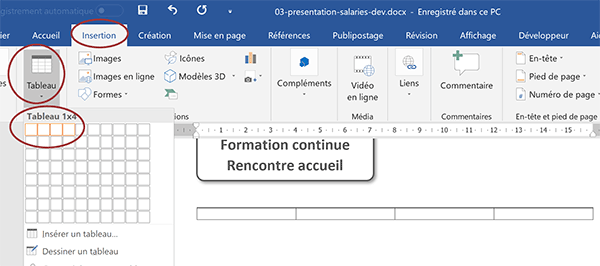 Créer un tableau de quatre colonnes et une seule ligne dans un document Word