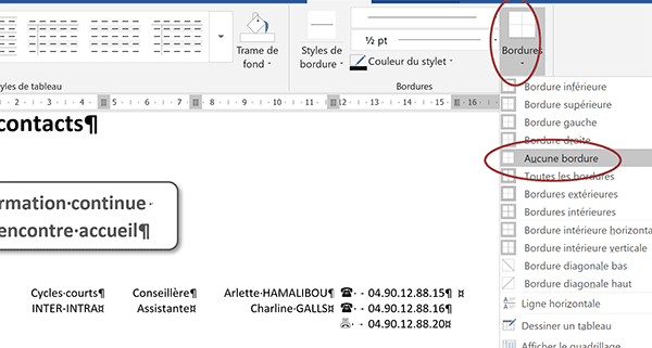 Supprimer traits de bordures des cellules du tableau Word