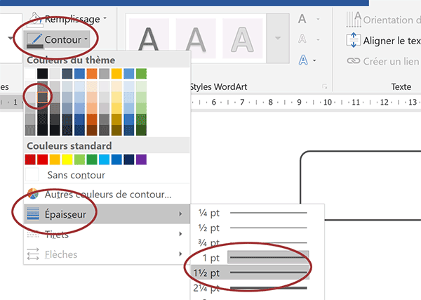 Modifier épaisseur de trait et couleur de contour de la forme géométrique sur le document Word