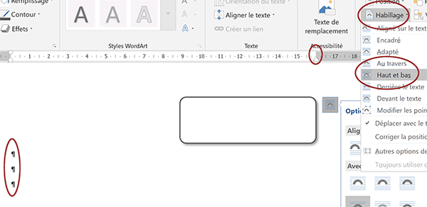 Habillage de la forme de dessin pour placer paragraphes Word en fonction de sa position