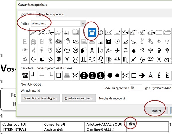 Caractères spéciaux pour insérer icône du téléphone dans document Word
