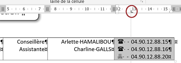 Placer un taquet de tabulation intérieur cellule de tableau Word