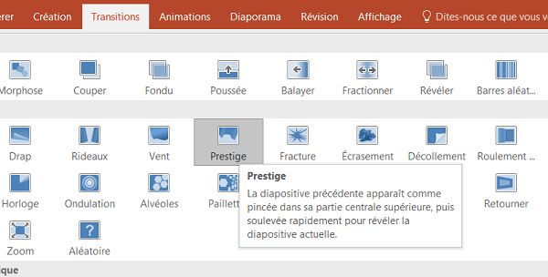 Effets animations transitions entre diapositives présentation PowerPoint