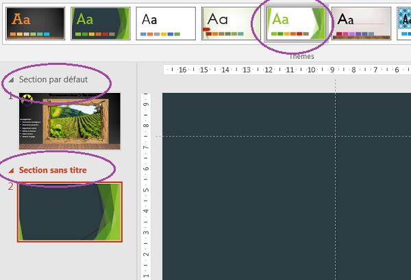 Changer thème de mise en page de diapositives grâce aux sections de Powerpoint