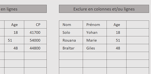 Exclure des lignes et des colonnes par formule Excel