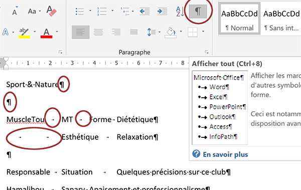 Caractères masqués de Word pour voir les marques de paragraphes, les sauts de lignes et tabulations au clavier