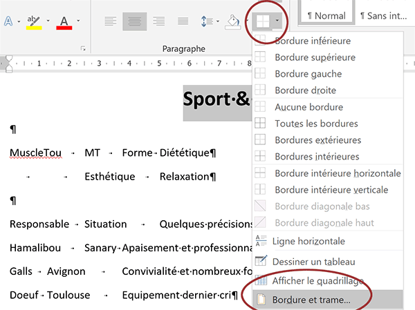 Options de bordures pour encadrements spécifiques de paragraphes Word