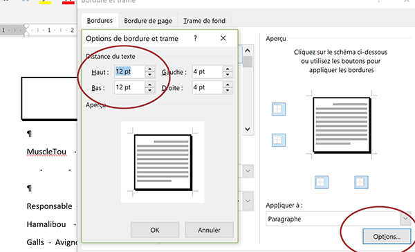 Options de bordure Word pour augmenter espace entre textes et traits