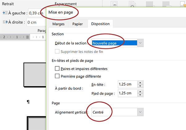 Options de mise en page pour centrer la présentation dans la hauteur du document Word