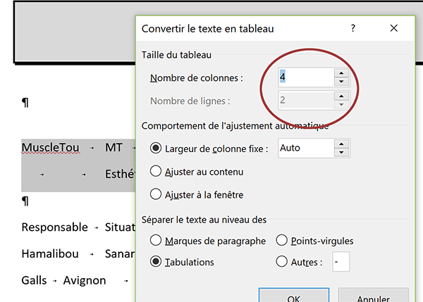 Création de tableau Word avec remplissage automatique des cellules par textes sélectionnés