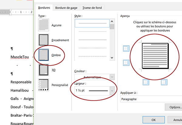 Réglages de bordures Word pour encadrer les paragraphes avec une ombre portée