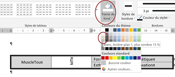 Trame de fond pour appliquer couleur de remplissage aux cellules sélectionnées dans le tableau Word