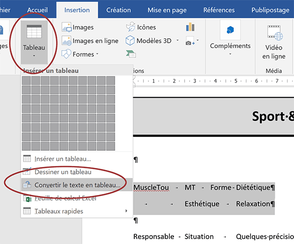 Convertir des paragraphes Word en tableau grâce aux tabulations matérialisant les colonnes