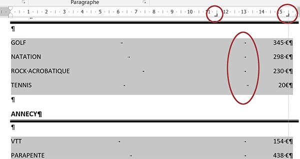 Construire les colonnes du document Word pour présenter les tarifs sans utiliser les tableaux