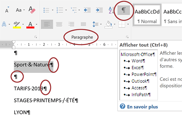 Afficher les caractères masqués de Word pour visualiser les marques de paragraphe et tabulations en conception de document