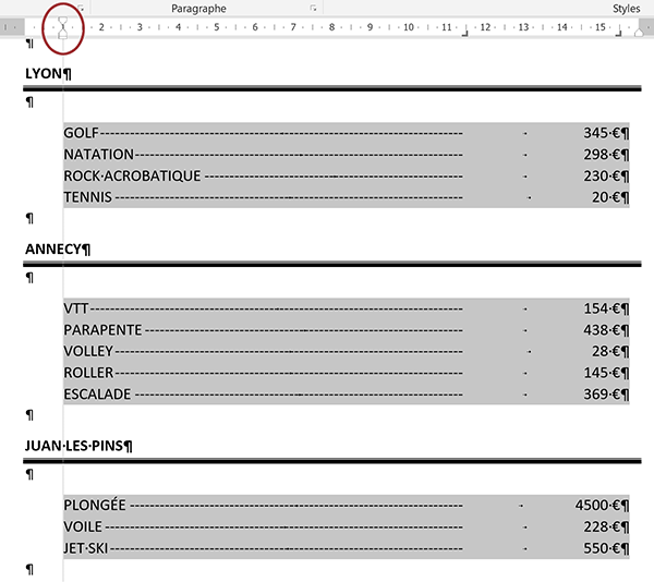 Présentation professionnelle en colonnes des prix dans un document Word par les taquets de tabulation