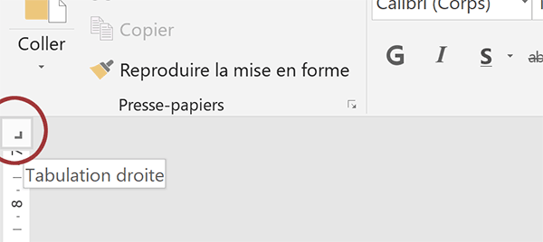 Définir un taquet de tabulation droite pour aligner les prix sur la droite dans leur colonne