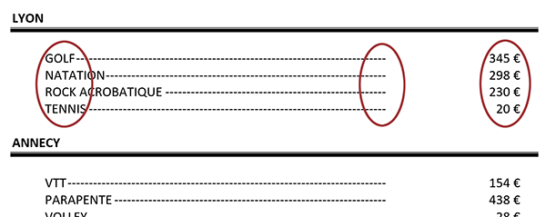 Présentation des prix et tarifs en colonnes avec tabulations et points de suite Word