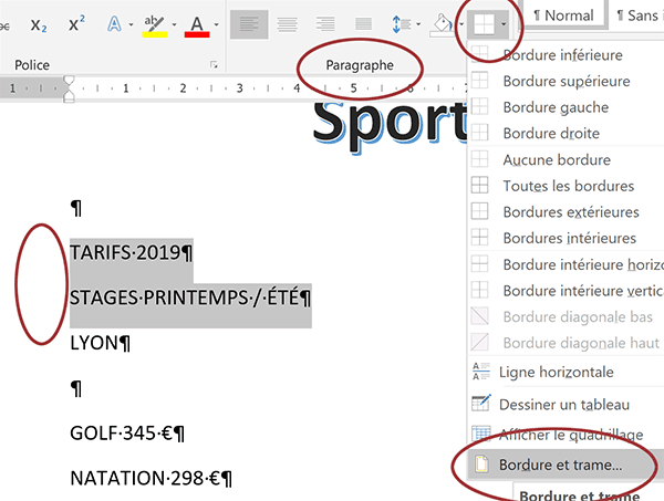 Atteindre les options de bordures de paragraphes Word