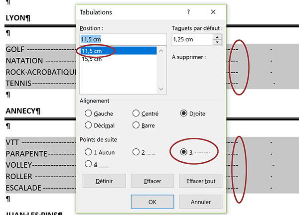 Lignes guides sous forme de tirets entre les colonnes Word par les points de suite des taquets de tabulation