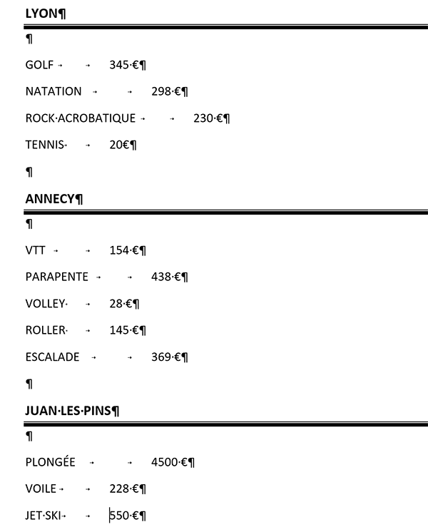 Fragmenter alignements des paragraphes Word en colonnes avec les tabulations