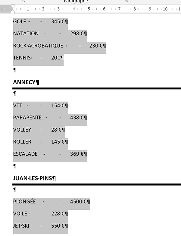 Regrouper les paragraphes Word à mettre en forme dans une même sélection grâce à la touche CTRL du clavier