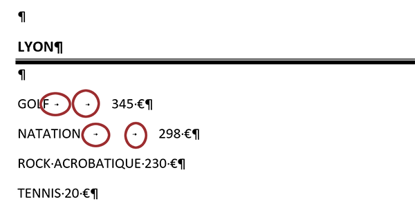 Matérialiser les colonnes entre les textes du document Word par des tabulations au clavier