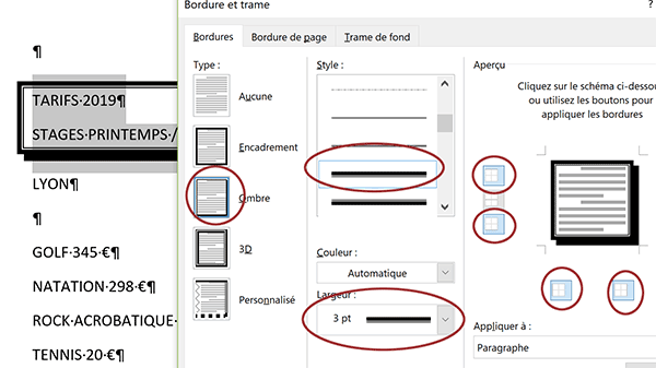 Régler couleur, style et épaisseur de trait pour encadrer les paragraphes Word sélectionnés