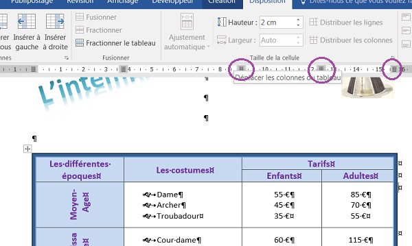 Redimensionner les largeurs de colonne du tableau en glissant depuis la règle