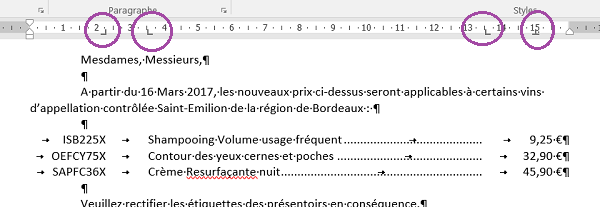 Taquets de tabulation avec points de suite pour aligner les paragraphes en colonnes